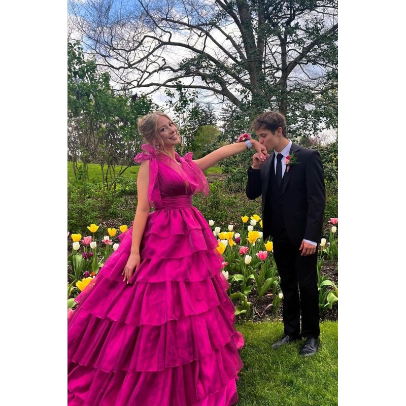 A Line Tiered Long Prom Dress Pink Formal Party Dress J5235