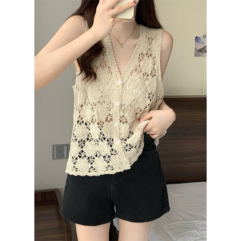 Apricot Hollow Out Solid Knit Vest Summer