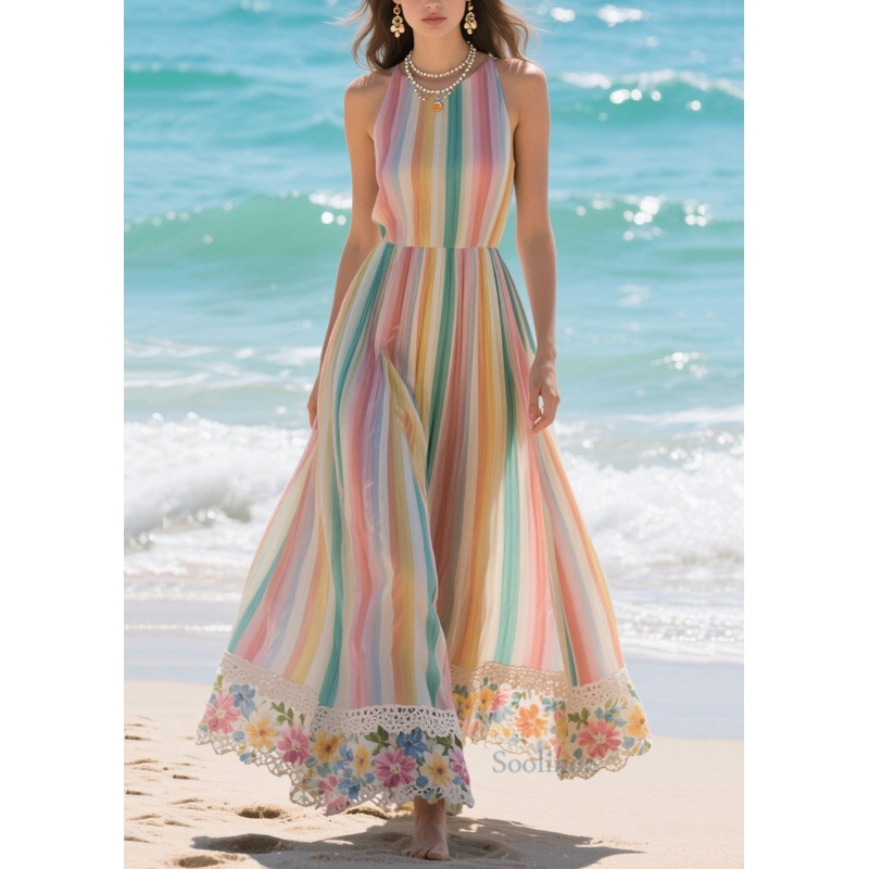 Art Rainbow Striped Patchwork Lace Chiffon Holiday Dresses Summer