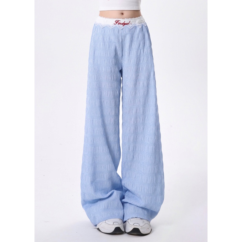 Beautiful Blue Pockets Lace Patchwork Cotton Pants Spring