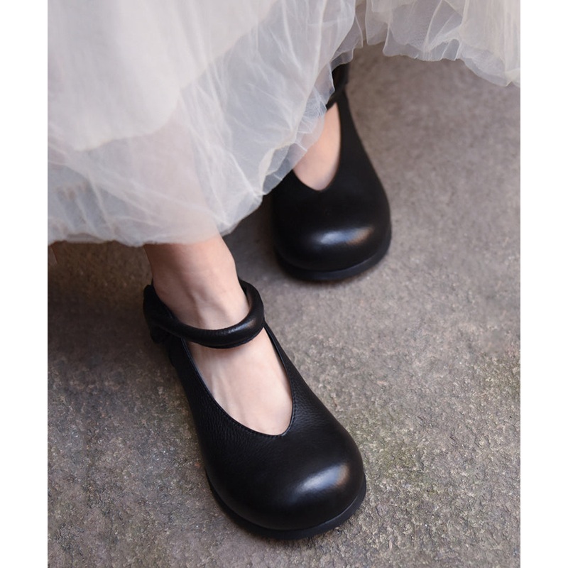 Black Cowhide Leather Women Splicing Buckle Strap Flats