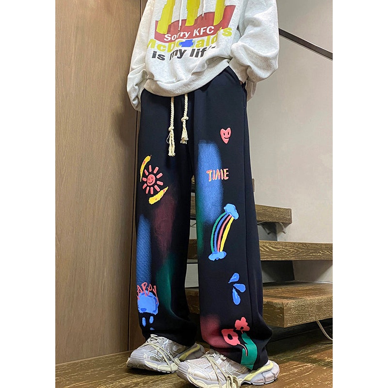 Black Pockets Cotton Spring Mens Pants Elastic Waist