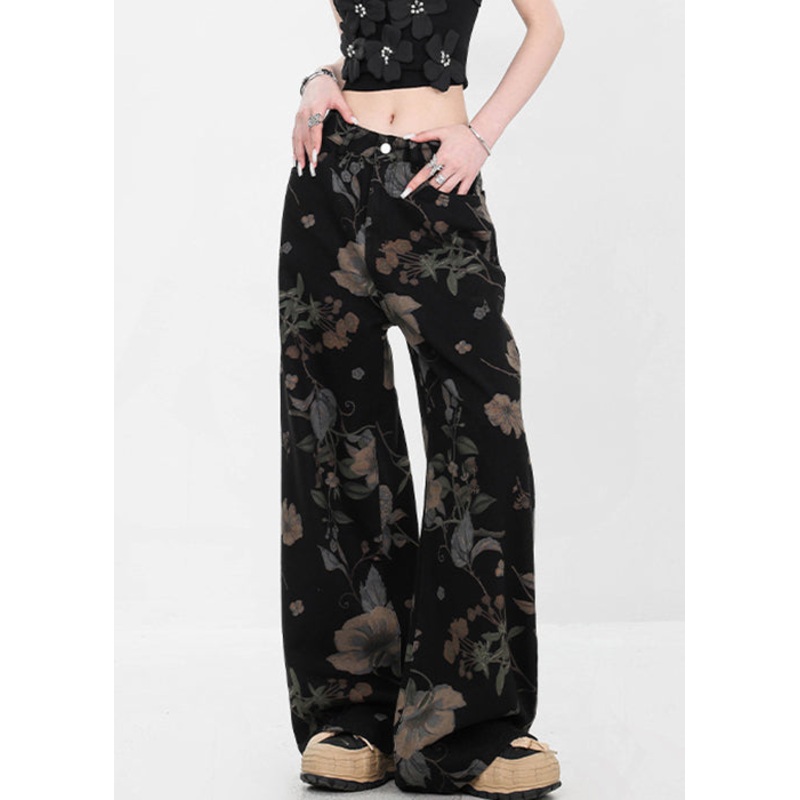 Black Pockets High Waist Denim Fall Wide Leg Pants Print