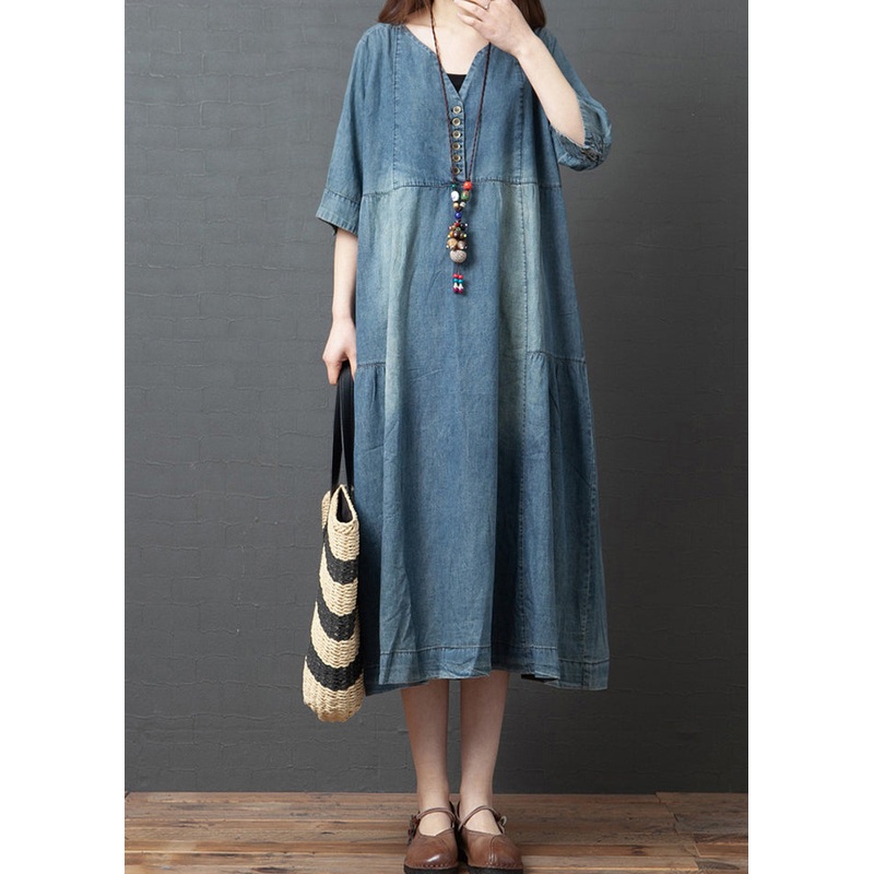 Blue Solid Patchwork Cotton Denim Dresses Button Half Sleeve1