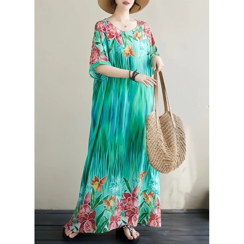Bohemian Lake Green Oversized Print Cotton Vacation Dress Summer