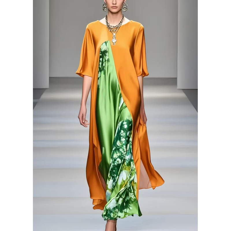 Bohemian Orange Oversized Patchwork Silk Dresses Half Sleeve