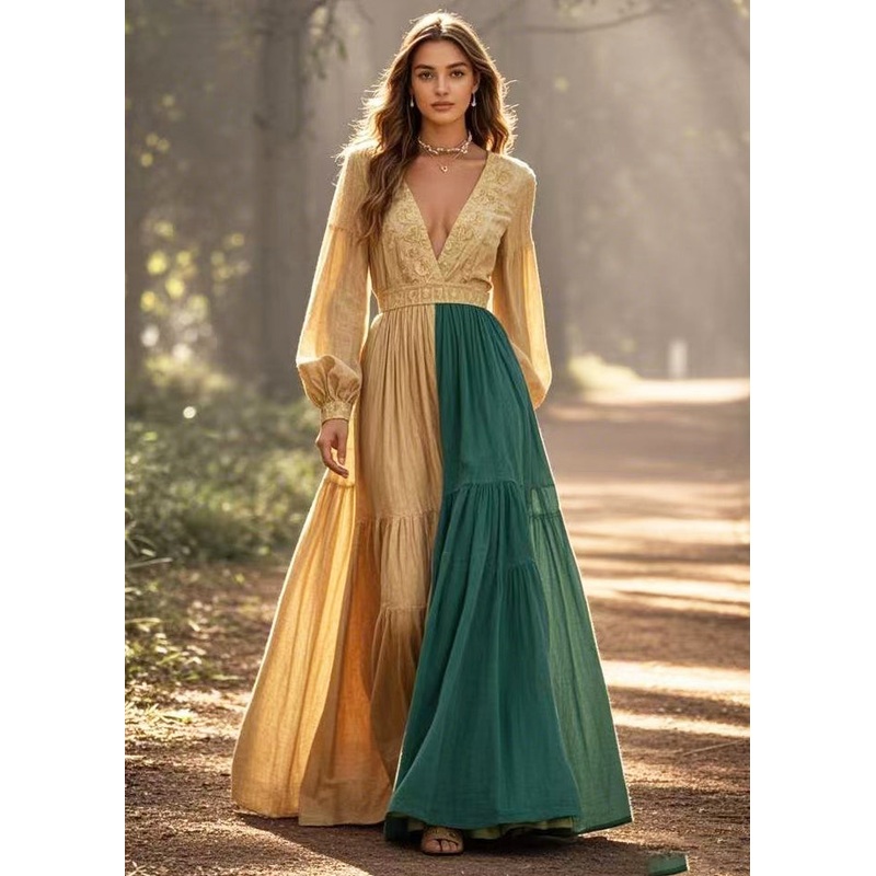 Boho Golden Asymmetrical Patchwork Cinched Vestidos Dresses Spring