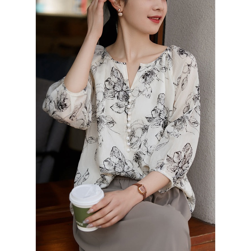 Boho White Oversized Print Cotton Shirts Bracelet Sleeve