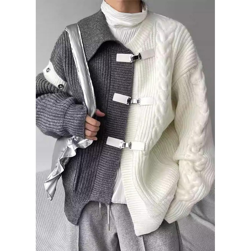 Boutique Grey Asymmetrical Buckle Patchwork Knit Sweaters Spring