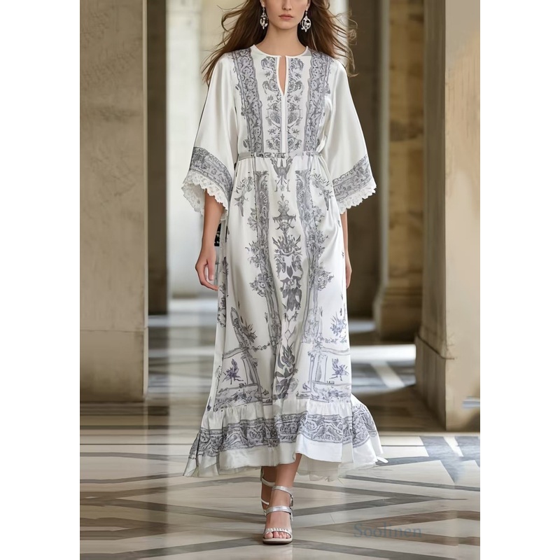 Boutique White Print Silk Vacation Dresses Bracelet Sleeve