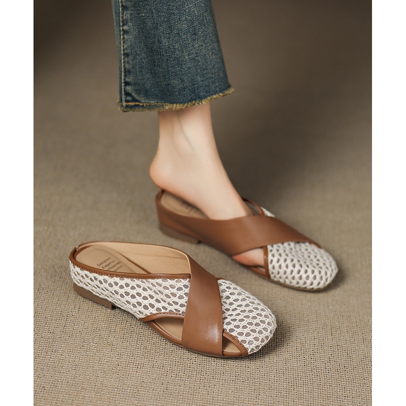 Brown Sheepskin New Splicing Breathable Mesh Slide Sandals