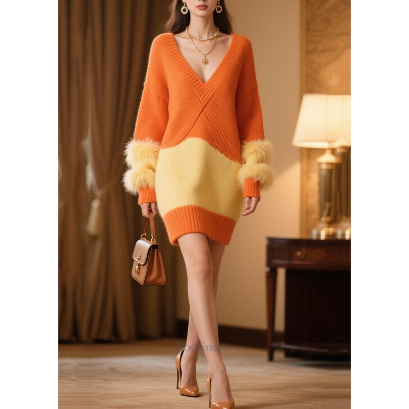 Casual Orange V Neck Patchwork Faux Fur Knitwear Dress Winter