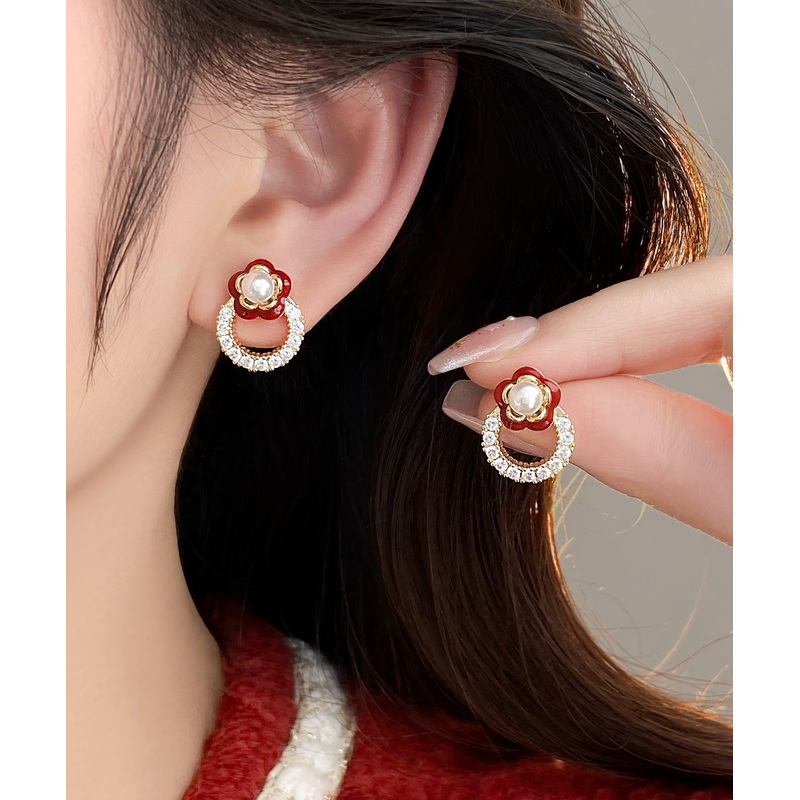 Chic Red Copper Alloy Zircon Camellia Flower Stud Earrings