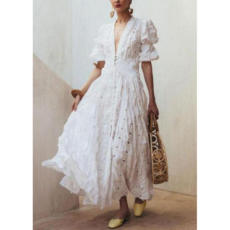 Chic White Puff Sleeve Exra Large Hem Cotton Holiday Dress Spring