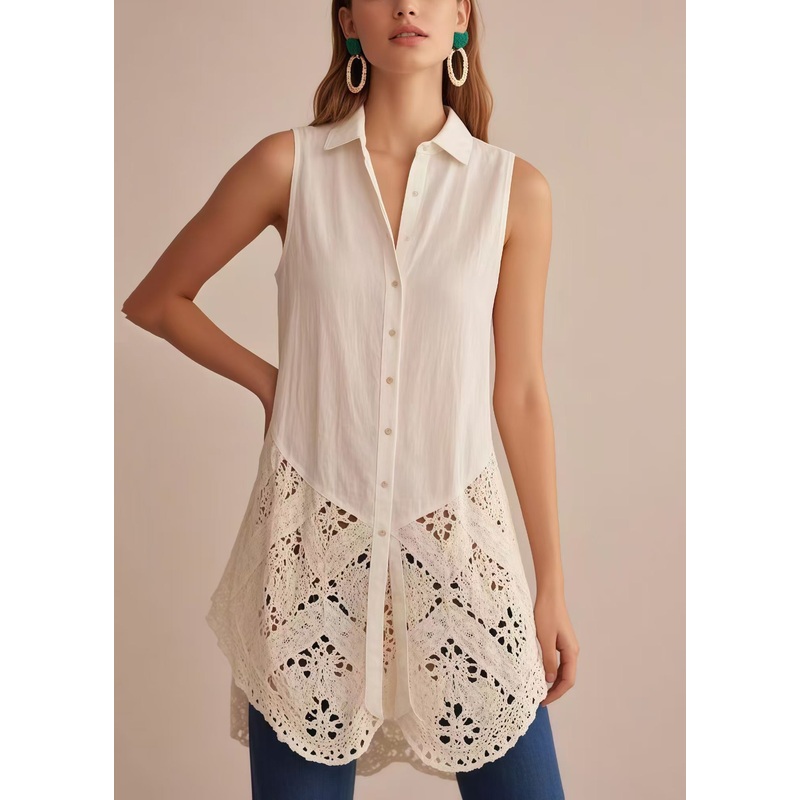 Classy White Hollow Out Patchwork Cotton Shirt Top Sleeveless