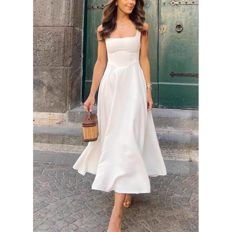 Classy White Square Collar Exra Large Hem Long Dresses Summer