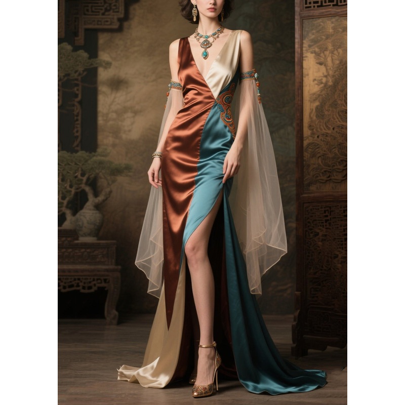 Colorblock Patchwork Silk Evening Dresses Asymmetrical Side Open Summer