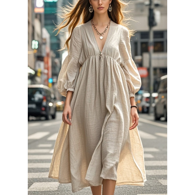 Elegant Beige Oversized Cotton Long Dresses Spring