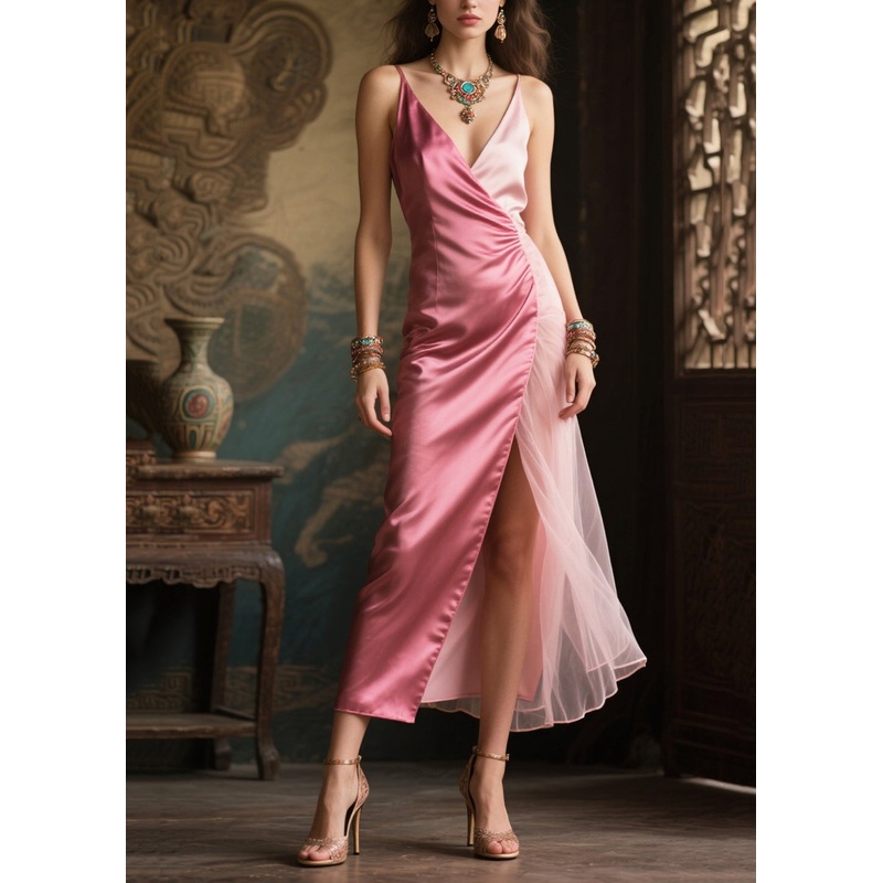 Elegant Pink Asymmetrical Patchwork Side Open Silk Holiday Dresses Summer