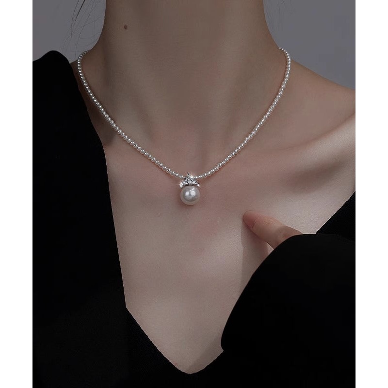 Elegant White Alloy Zircon Pearl Pendant Necklace