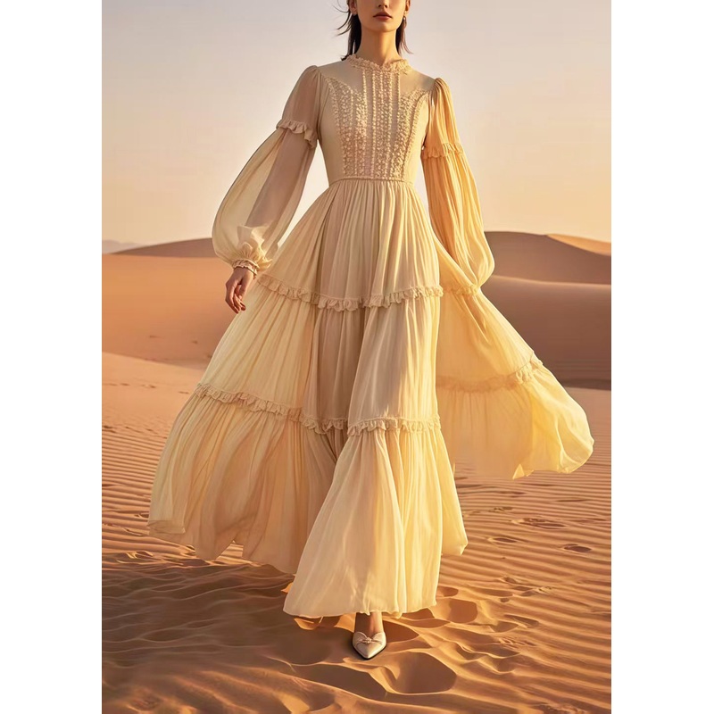 Elegant Yellow Ruffled Exra Large Hem Chiffon Ankle Dress Spring