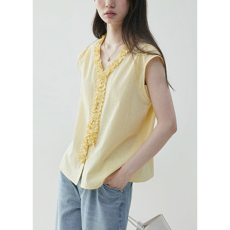 Elegant Yellow V Neck Ruffled Cotton Shirt Summer
