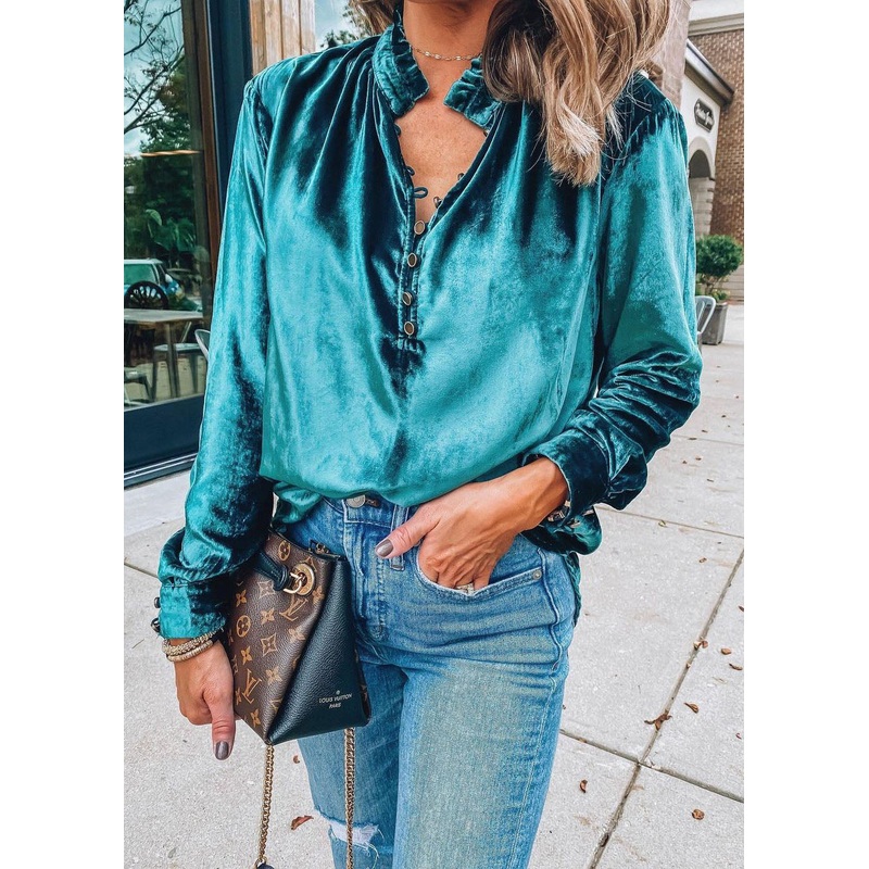 European And American Style Blue Ruffled Velour Top Spring