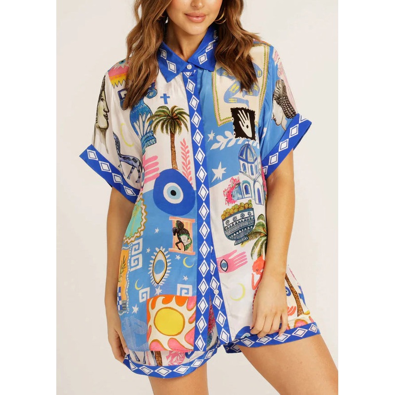 Fashion Blue Peter Pan Collar Print Ice Silk Two Pieces Set Summer