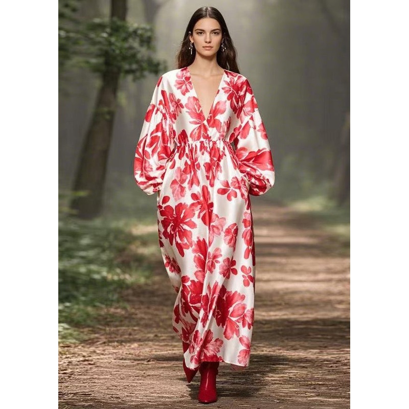 Fashion Red V Neck Print Pockets Silk Maxi Dresses Spring