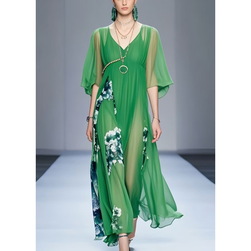Fine Tea Green Print Draping Chiffon Dresses Summer