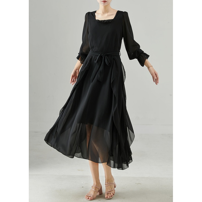 Fitted Black Ruffled Tie Waist Chiffon Dresses Spring