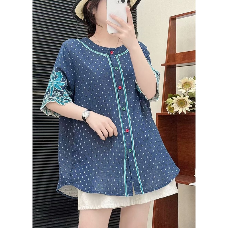 Fitted Blue Embroidered Cotton Shirt Summer