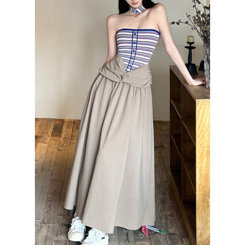 Fitted Blue Striped False Two Pieces Patchwork Cotton Dresses Summer