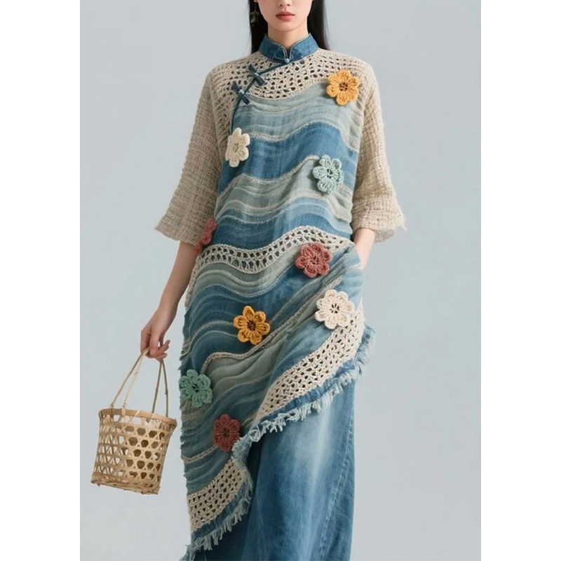 Floral Blue Striped Hollow Out Knit Patchwork Blouses Bracelet Sleeve