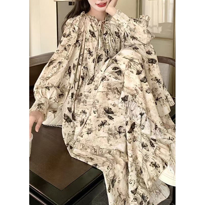 French Apricot Ruffled Lace Up Print Cotton Dress Spring