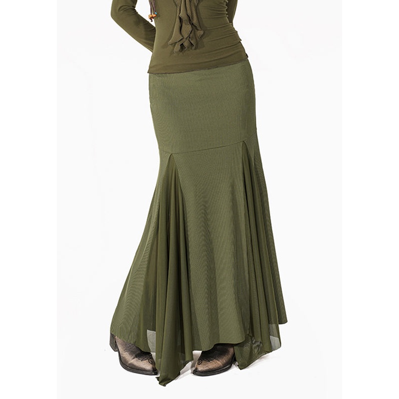 French Green Tulle Patchwork Maxi Fishtail Skirts