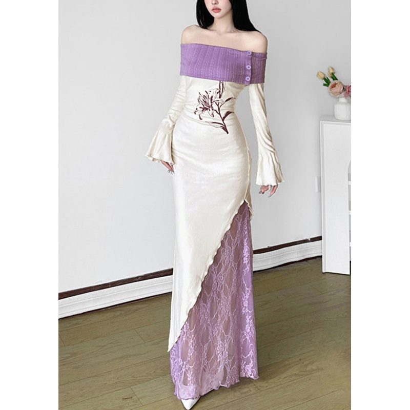 French White Cold Shoulder Patchwork Cotton Party Dress Spring