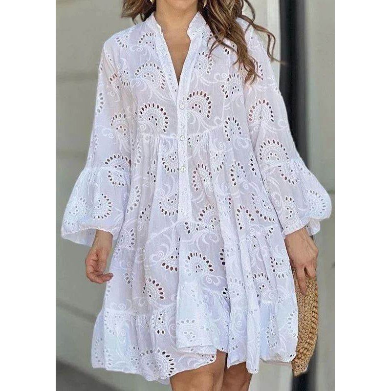 French White V Neck Hollow Out Holiday Lace Long Dress Fall