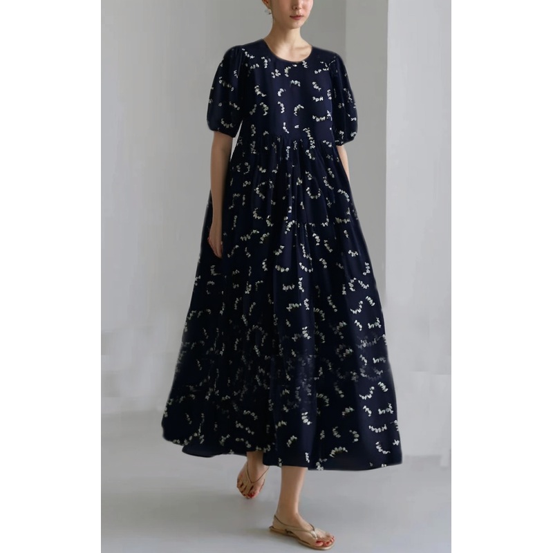 Grace blue prints cotton dress Cinched A Line summer Dresses