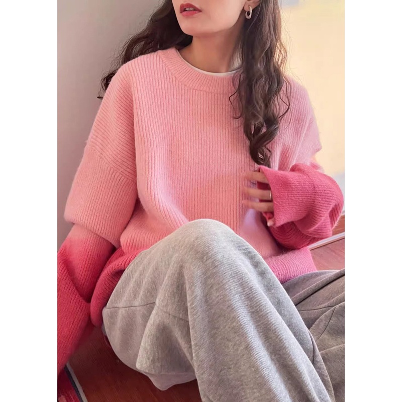 Gradient Color Pink Thick Cotton Knitted Sweater Winter