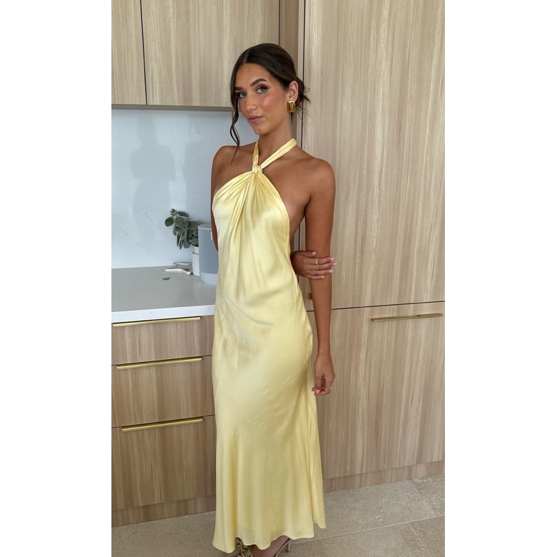 Halter Yellow Sheath Prom Dress Satin Evening Dress J5891