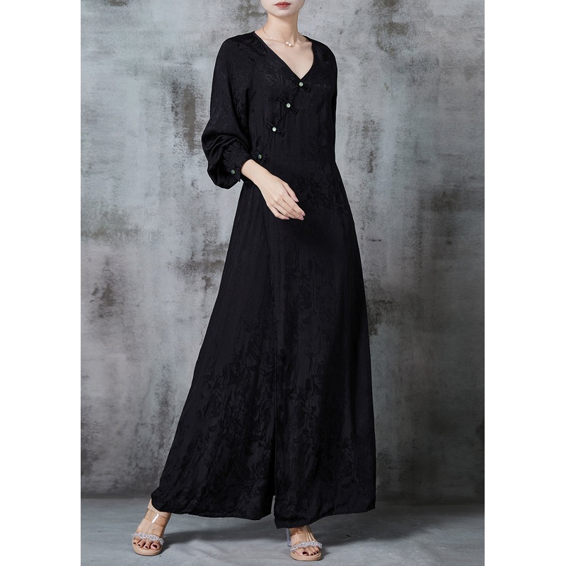 Handmade Black Jacquard Chinese Button Silk Dress Spring