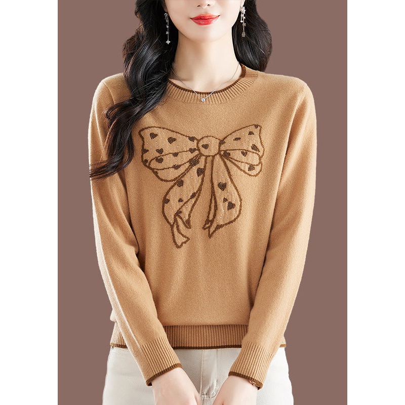 Handmade Camel O-Neck Embroidered Bow Thick Cotton Knit Sweaters Winter
