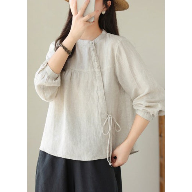 Handmade White Asymmetrical Lace Up Linen Shirts Spring