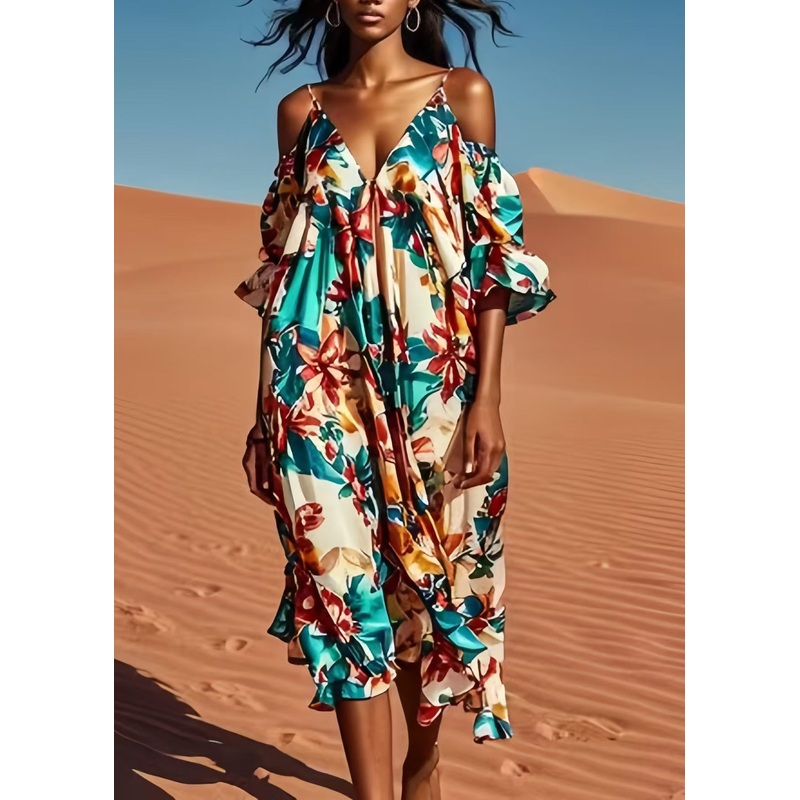 Italian Cold Shoulder Print Silk Spaghetti Strap Dress Summer