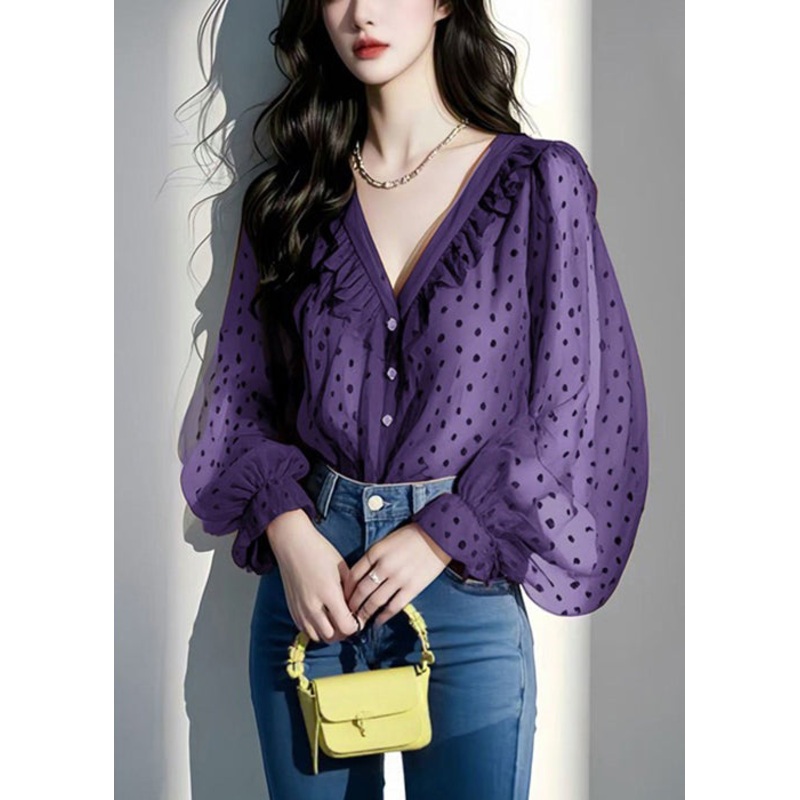 Italian Purple V Neck Ruffled Dot Chiffon Shirts Spring