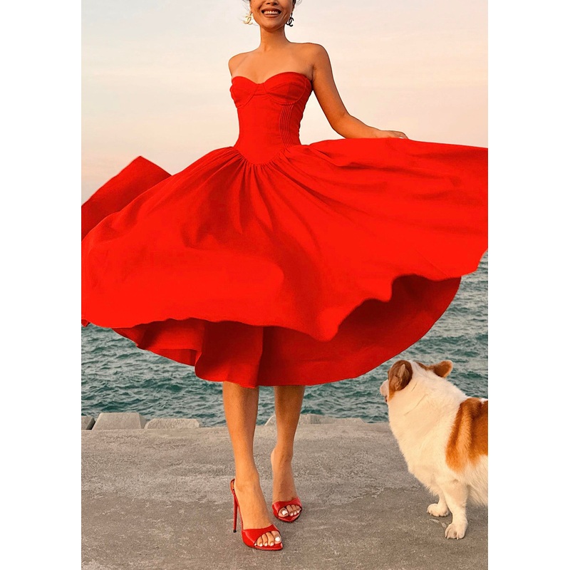 Italian Red Wrinkled Patchwork Cotton Strapless Dress Summer