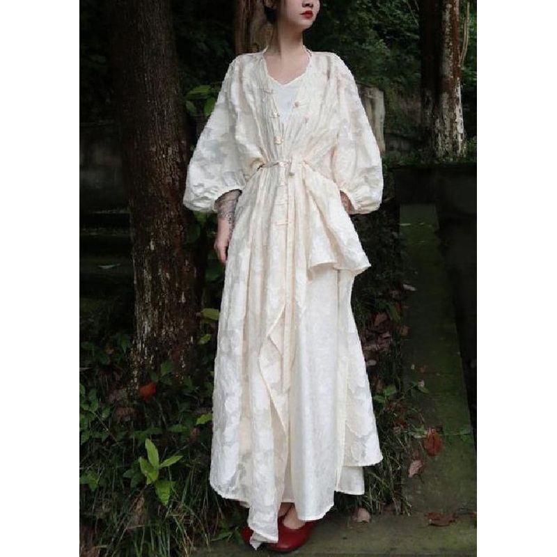 Jacquard Beige Button Side Open Cotton Two Pieces Set Fall