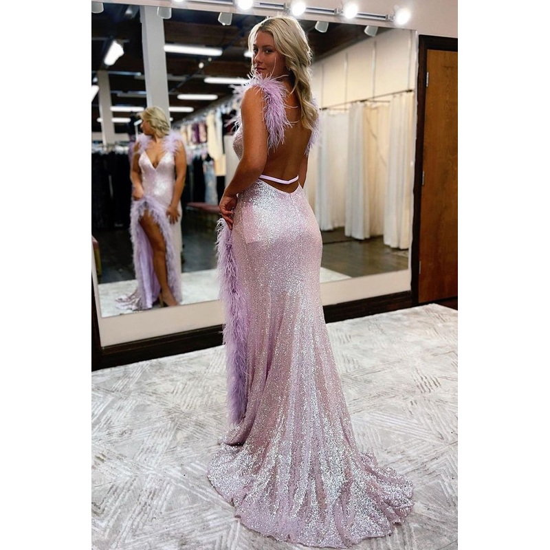 Lilac V Neck Feather Straps Mermaid Long Prom Dress Slit Formal Gown 2165