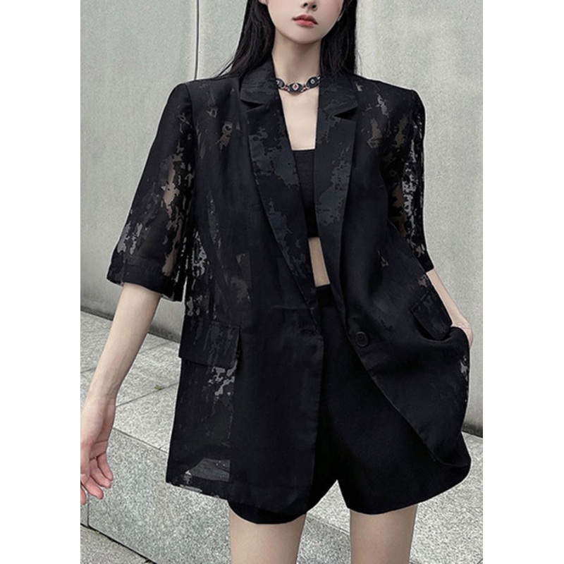 Loose Black Pockets Back Side Open Thin Cotton Coat Summer